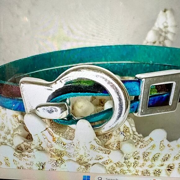 Leather Watercolor Teal Hippie Bracelet, Double Wrap, Belt Buckle Silver Clasp, - Picture 3 of 10